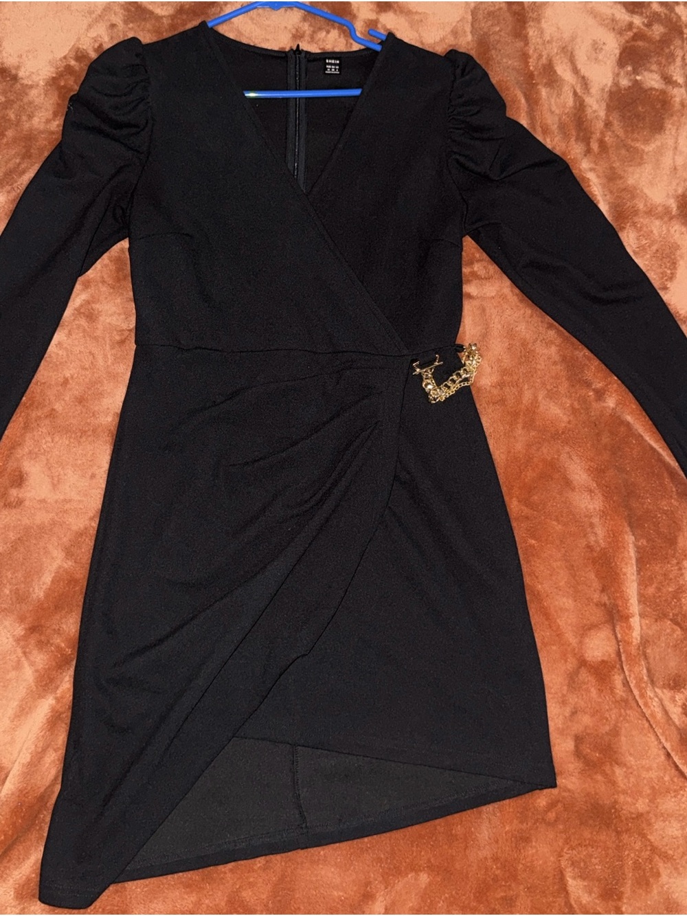 SHEIN Black Long Sleeve Faux-Wrap Dress with Gold Chain Detail